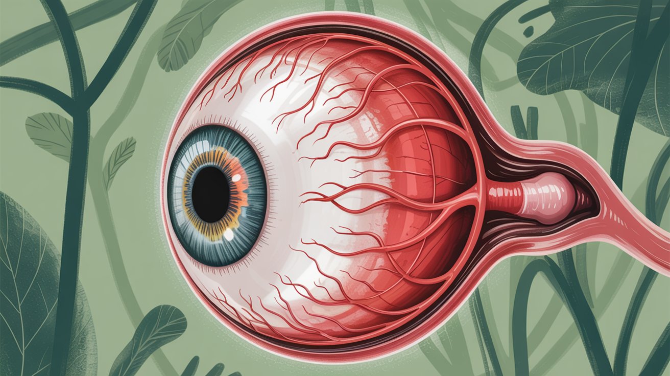 Detailed close-up of red eye blood vessels reacting to THC with subtle cannabis background elements