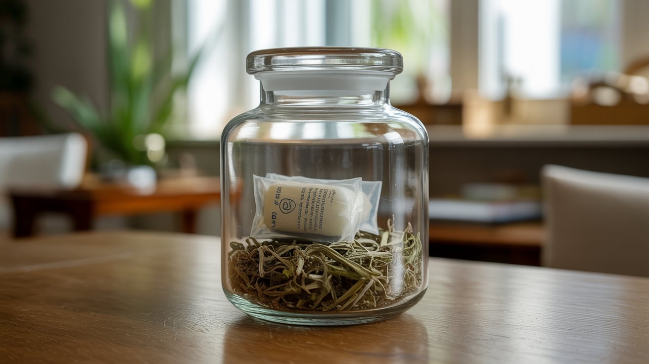 "Macro image of an airtight glass jar storing dried herbal material with a humidity pack, showing balanced moisture levels and natural texture variations in cinematic lighting"