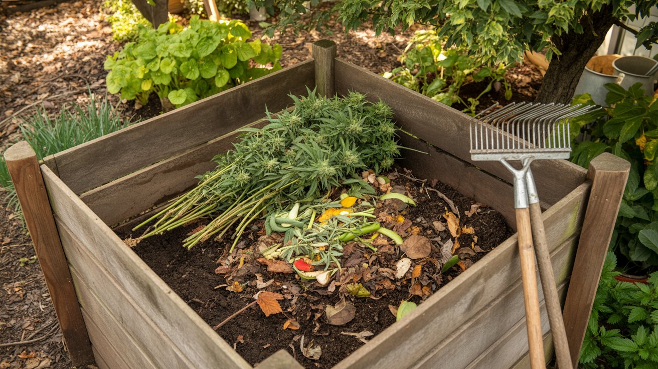 Cannabis stems compost garden soil mulch organic waste recycling sustainable gardening outdoor scene