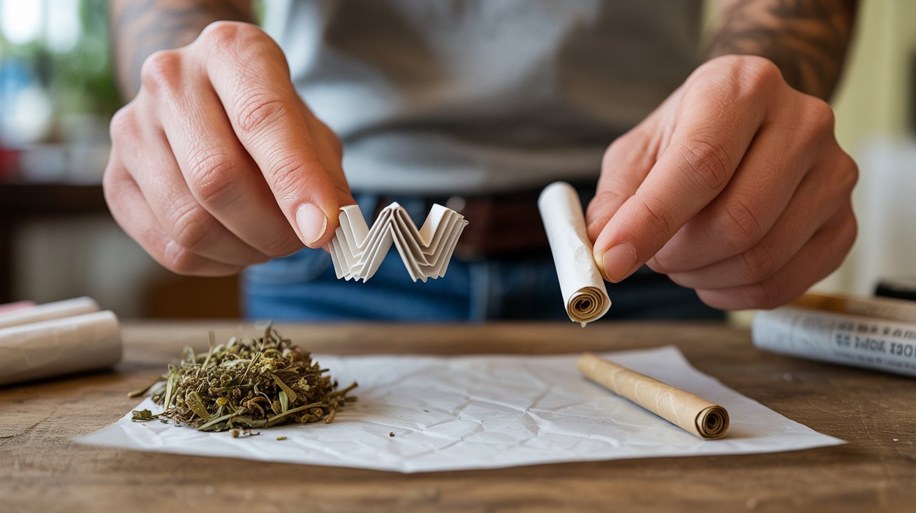 "Hands showing W-shaped and spiral paper filter tips on a wooden table beside rolling papers and dried herbal blend."