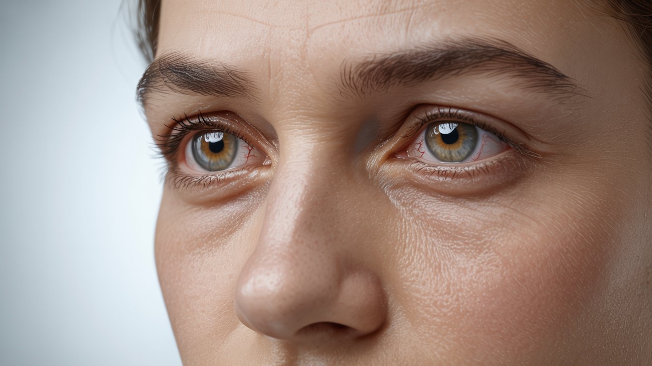 Realistic close-up of slightly red human eyes with soft lighting and natural facial details