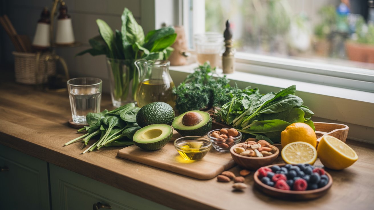 "Liver-supporting detox foods including leafy greens, avocado, olive oil, and fruits arranged in a clean wellness kitchen scene."
