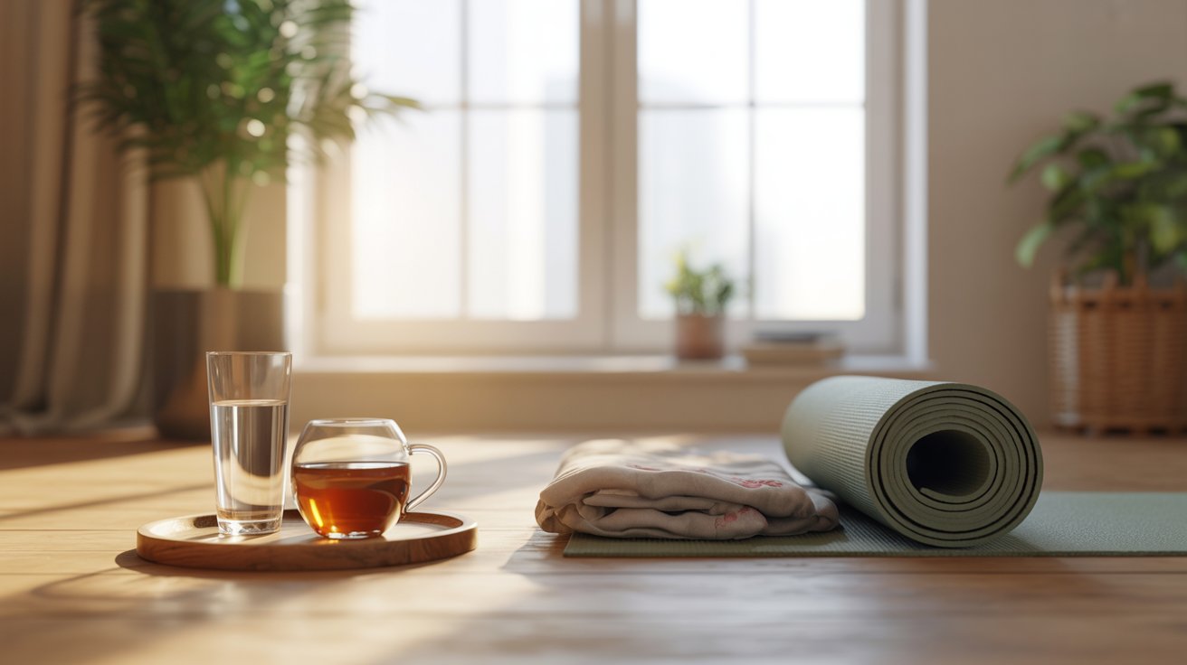 "Calm yoga and wellness setup with mat, herbal tea, and water supporting stress management during detox recovery."