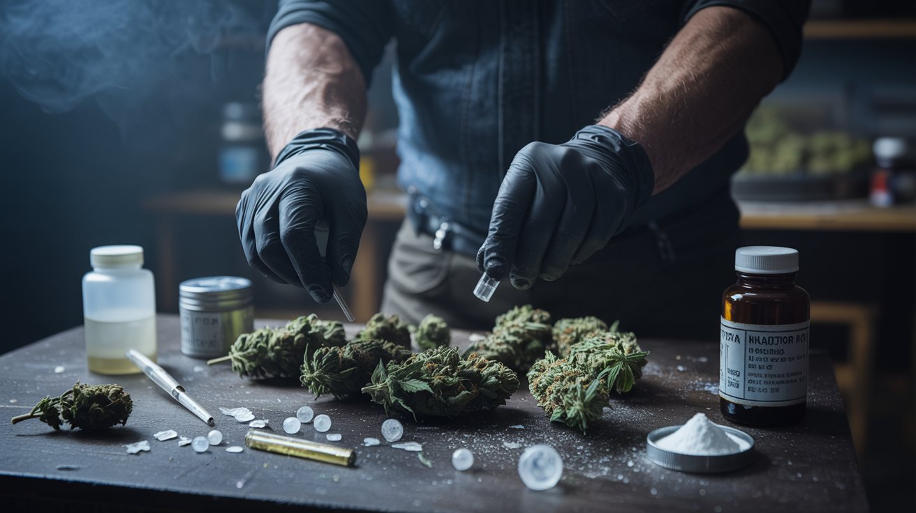 Dark scene showing cannabis contaminated with suspicious powders and chemicals under dramatic underground lighting atmosphere.