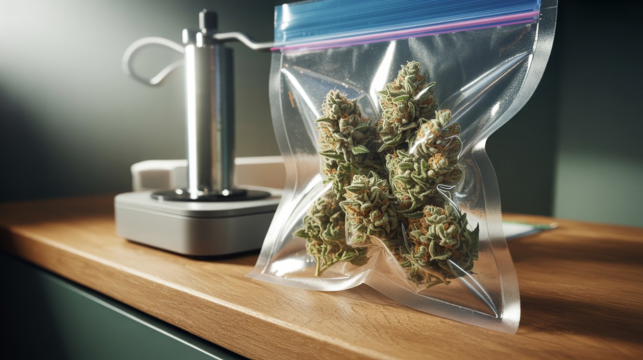 "Cannabis buds vacuum sealed for long-term weed storage to reduce oxygen exposure and preserve THC potency and freshness."