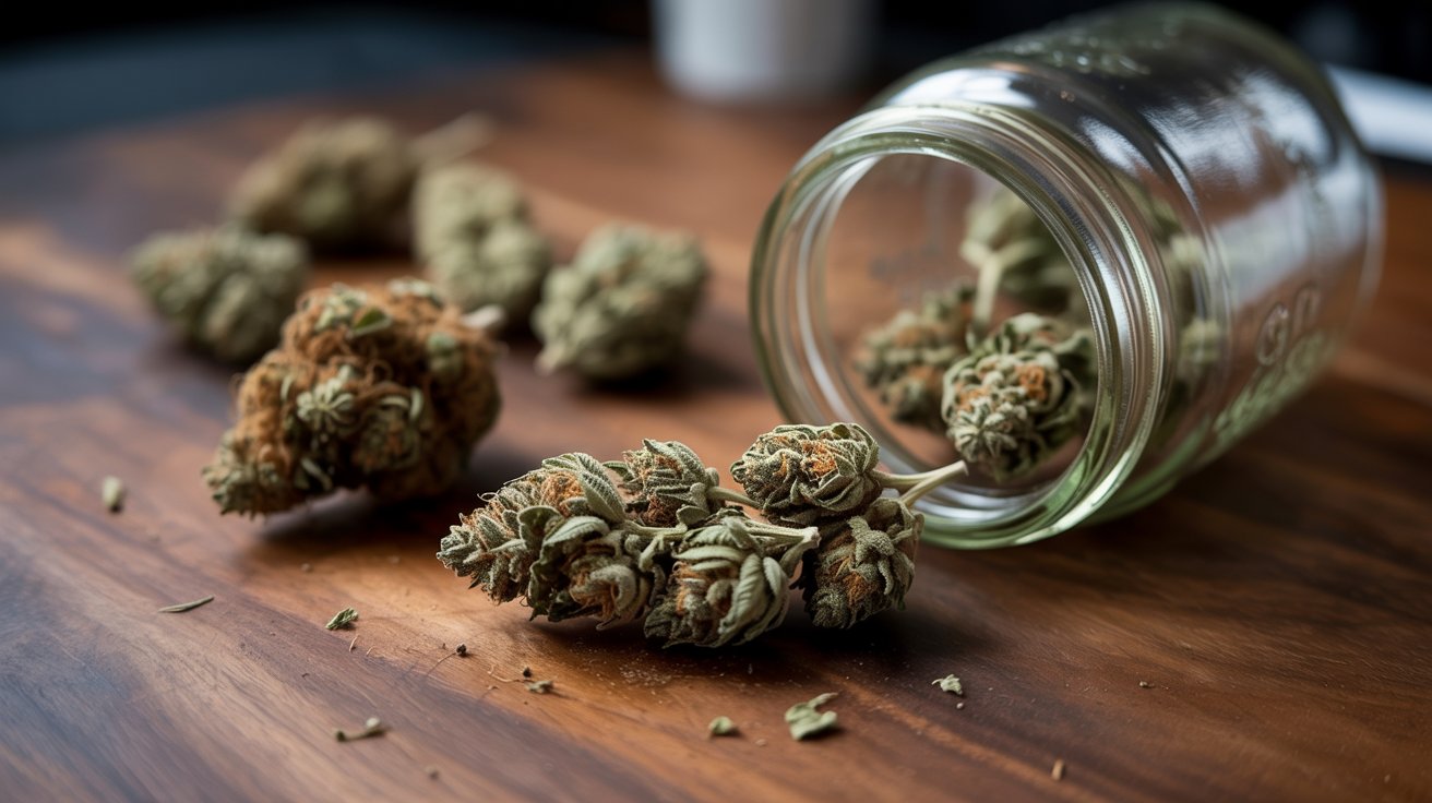 Expired cannabis buds and moldy weed displayed in glass jars showing unsafe marijuana storage conditions