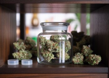 "Properly stored cannabis buds in an airtight glass jar kept in a cool dark place to preserve weed potency and freshness."