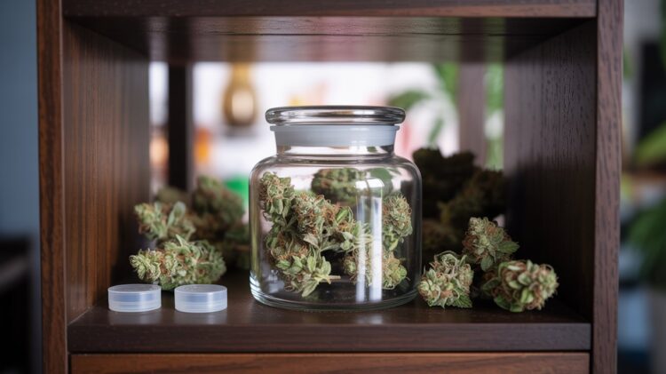 "Properly stored cannabis buds in an airtight glass jar kept in a cool dark place to preserve weed potency and freshness."