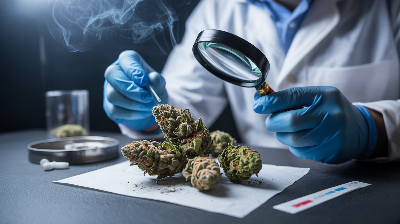 Cannabis buds inspected for powdery residue, strange particles, and contamination using forensic-style examination tools.