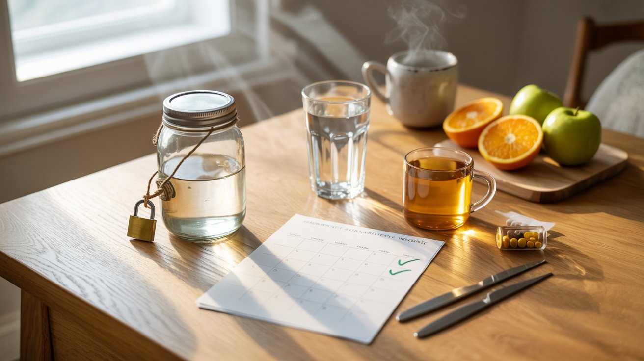 "Minimal detox commitment setup with locked jar, water, and wellness items symbolizing avoiding cannabis use."