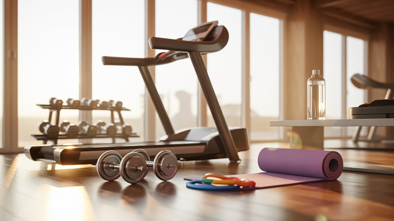 "Home workout setup with treadmill, dumbbells, and yoga mat supporting regular exercise during weed detox process."