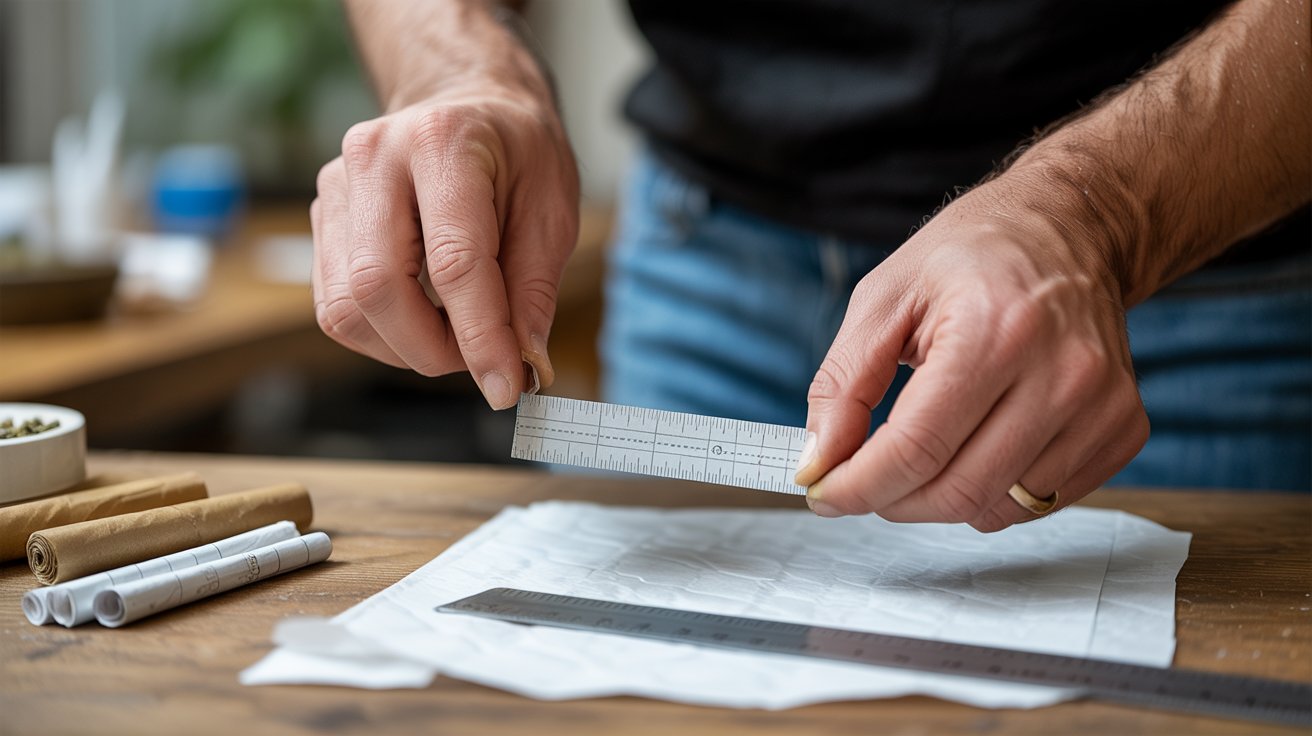 "Hands measuring and cutting cardstock to the right width for a homemade joint filter on a wooden table with rolling papers."