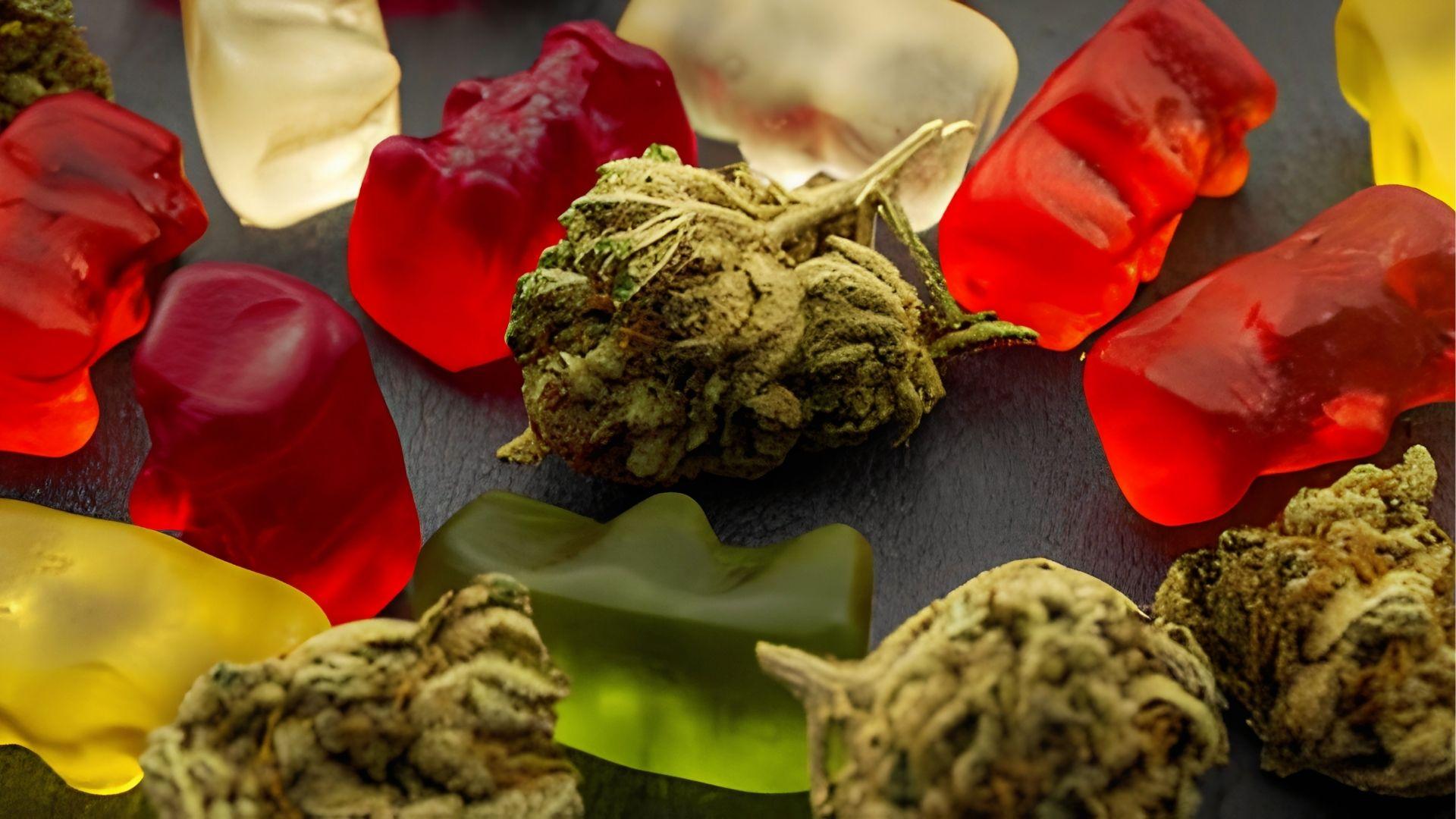 Colorful THC gummy edibles scattered with cannabis flower buds on dark background showing edible options