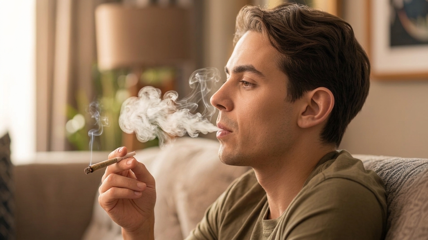 Beginner slowly exhaling cannabis smoke indoors with peaceful atmosphere and warm soft lighting scene