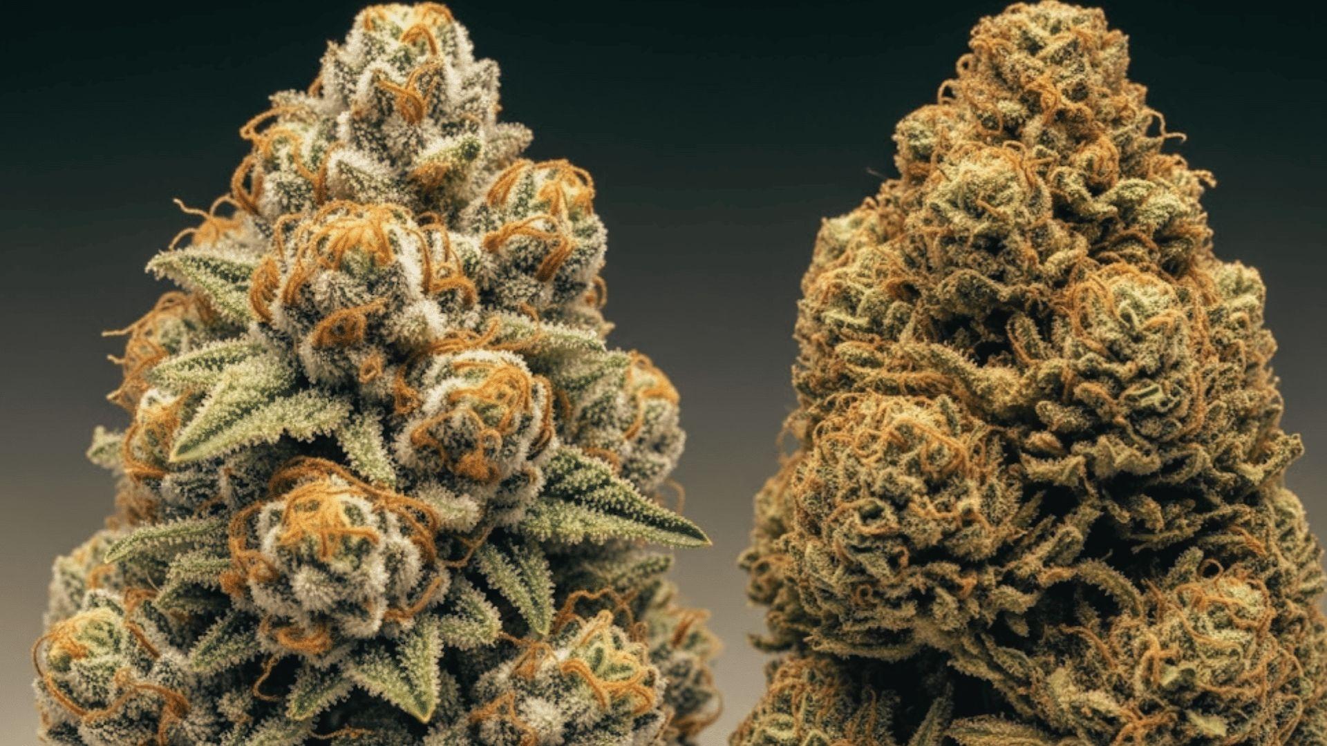 Close macro shot of two dense cannabis buds with frosted trichomes and orange pistils