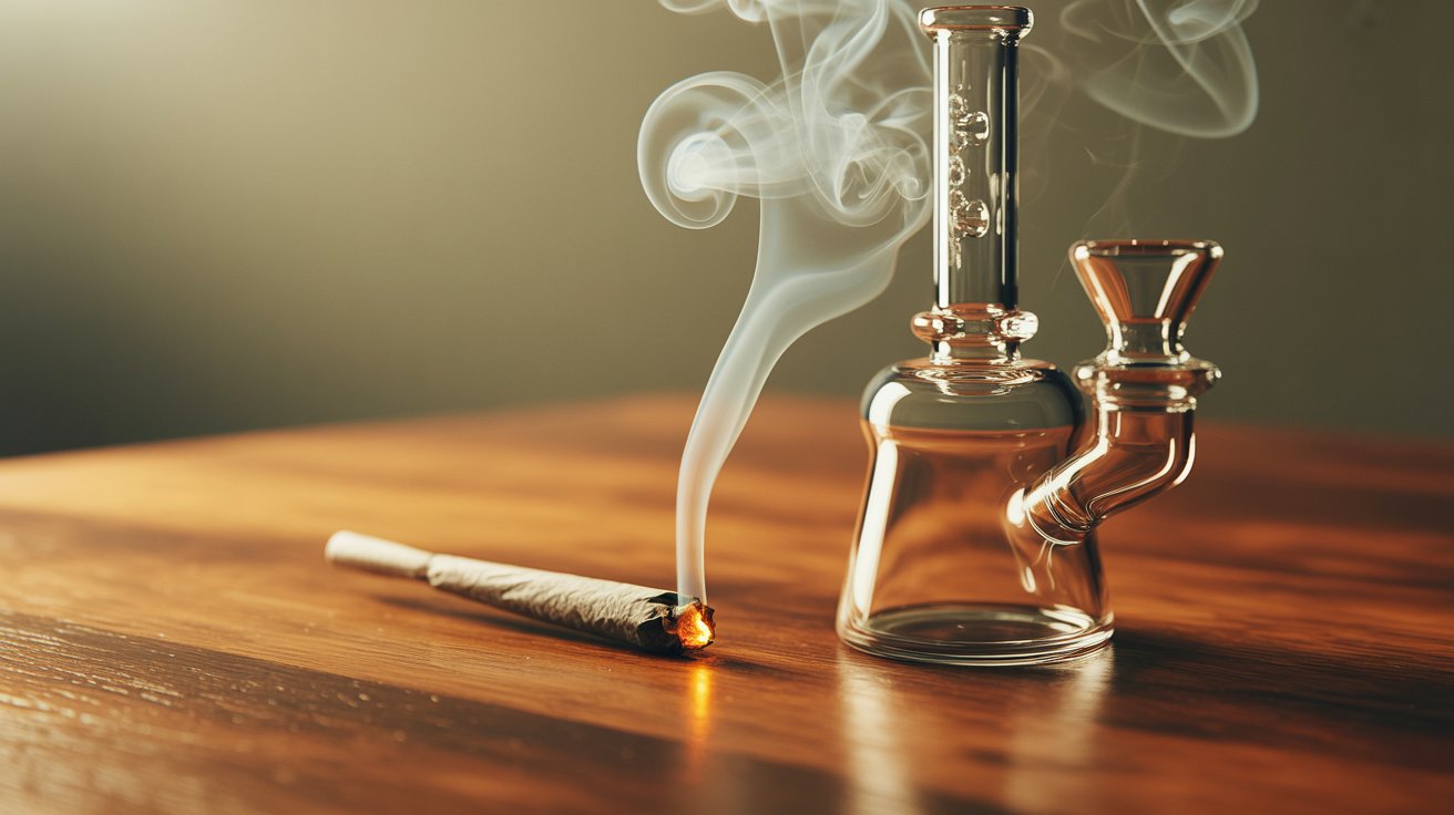 "Close-up of smoke rising from a bong and joint with glowing embers, illustrating combustion, smoke exposure, and the effects of cannabis smoking methods."
