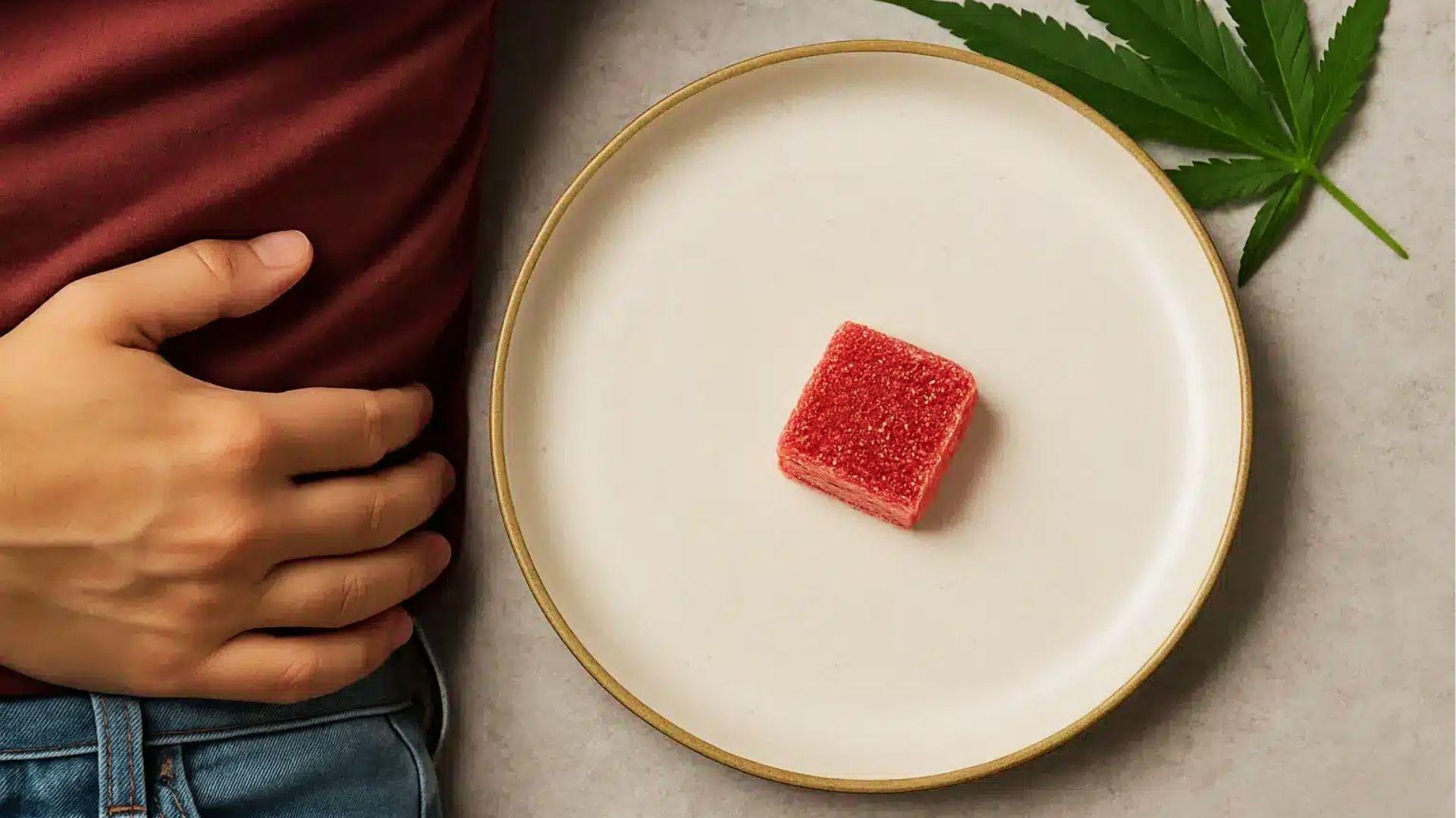 Person holding stomach next to single red cannabis gummy on white plate with cannabis leaf