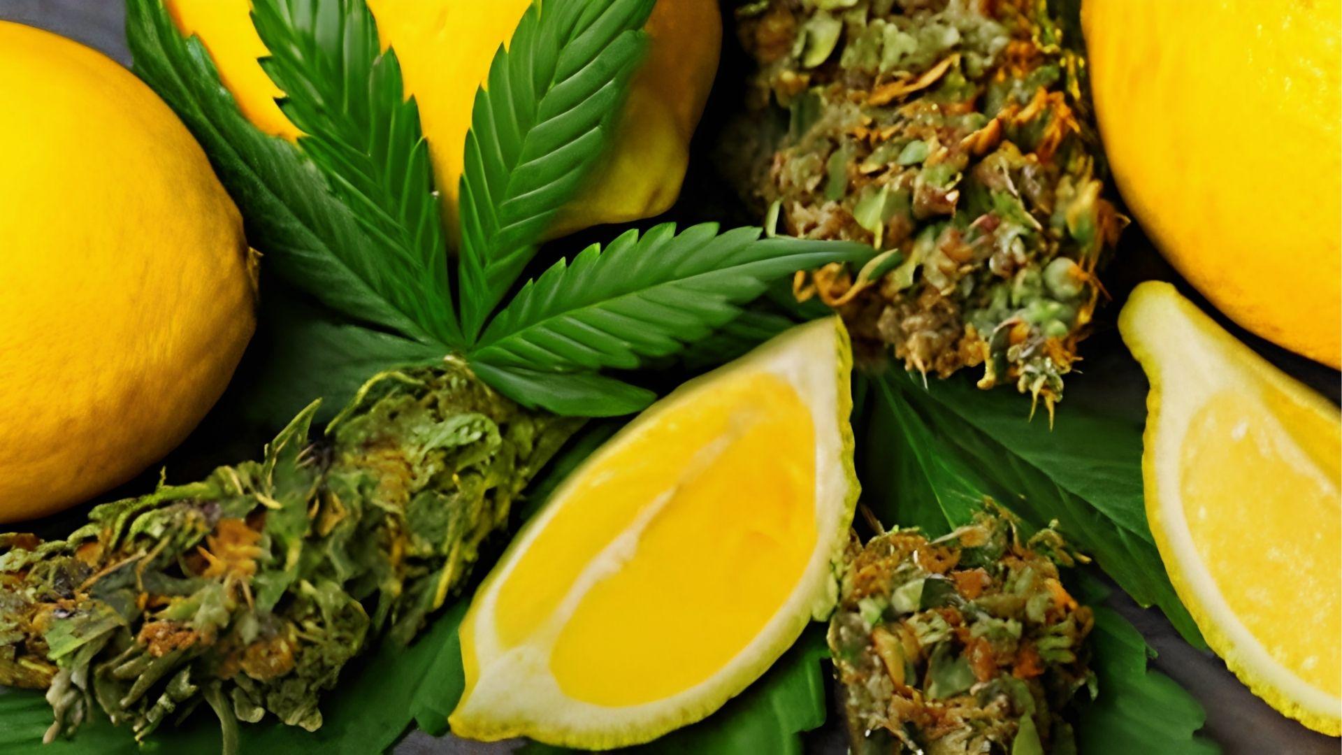 Cannabis buds with fresh lemon slices and leaves, highlighting limonene terpene known for stress reduction and anxiety relief