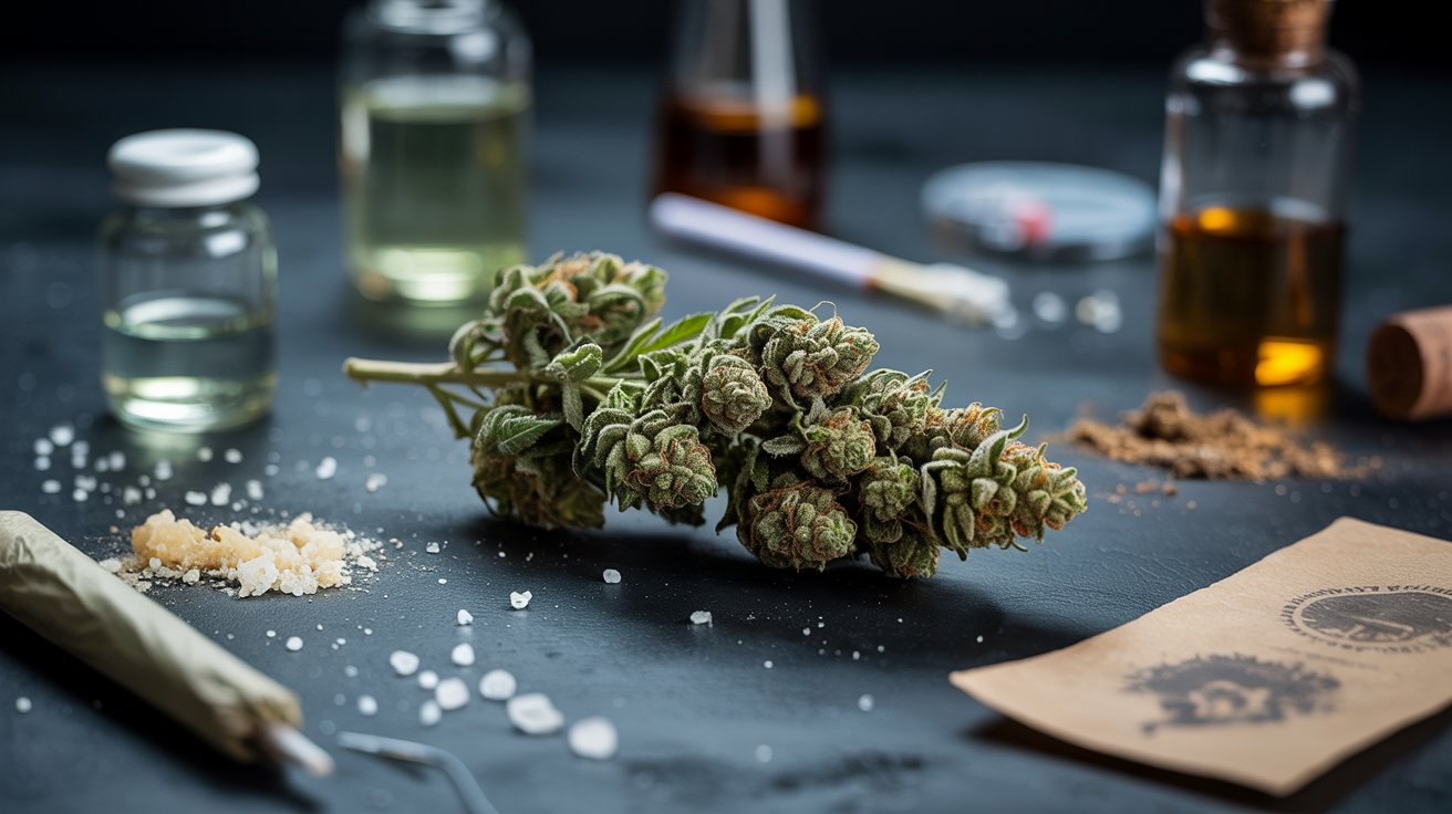 "Forensic-style close-up of cannabis with suspicious chemical substances and contaminants on a dark surface."