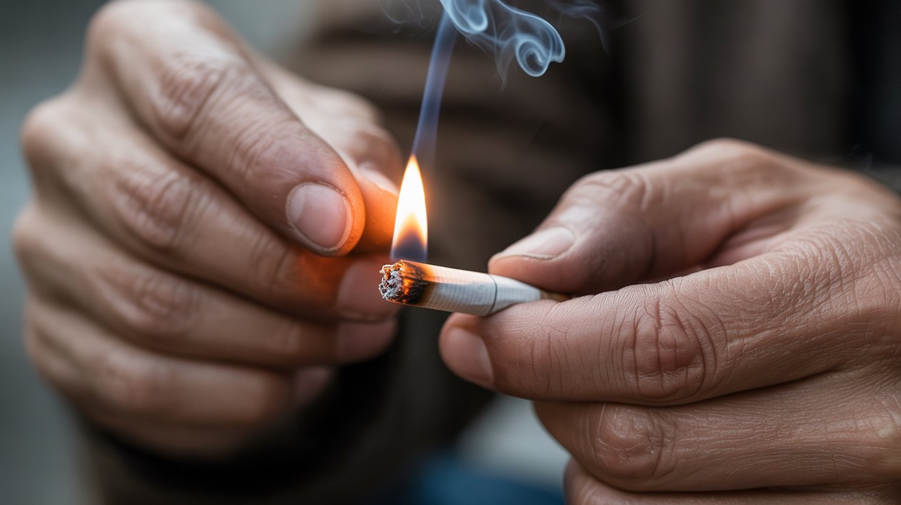 "Macro image of hands slowly rotating a hand-rolled cigarette while carefully toasting the tip with a flame to achieve an even burn, with smoke and warm cinematic lighting"