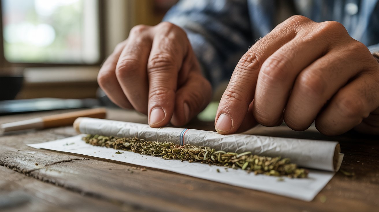 "Macro image of hands rolling a hand-rolled cigarette with evenly distributed material and consistent shaping to achieve an even burn, shown in warm cinematic lighting"