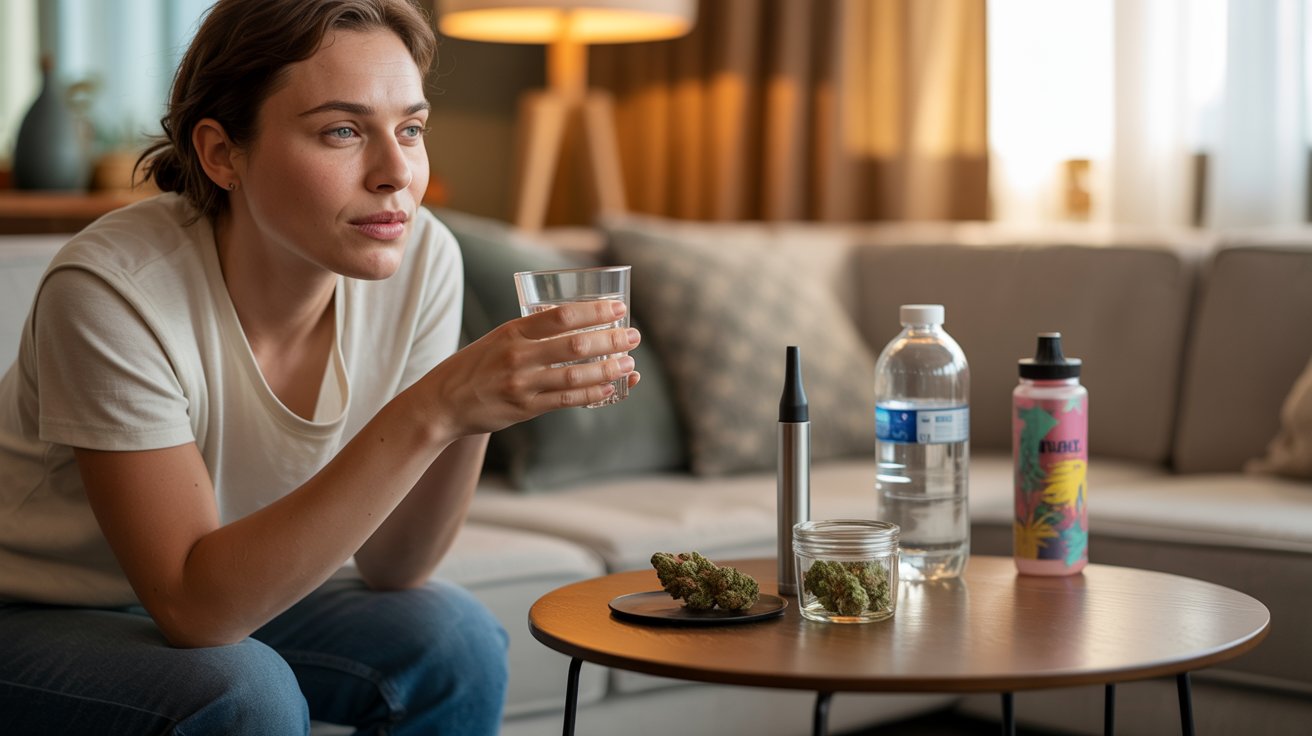 Person using cannabis beside water glass illustrating dry mouth and hydration concerns after marijuana consumption.