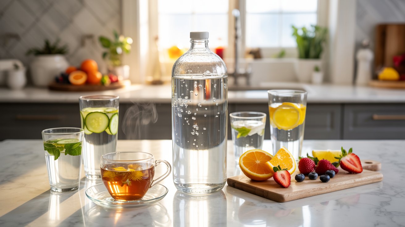 "Hydration-focused detox setup with water, herbal tea, and fresh fruits for supporting weed detox at home."