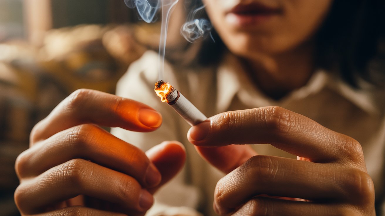 "Person slowly inhaling and rotating a joint to maintain an even cherry and smooth consistent burn."