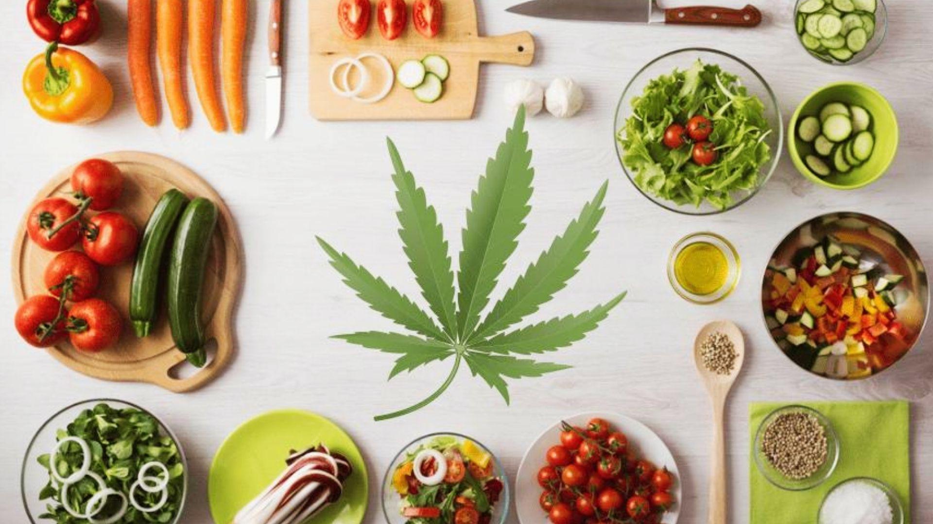 Fresh vegetables, salads, and cannabis leaf surrounded by cooking ingredients for healthy infused meal prep recipes