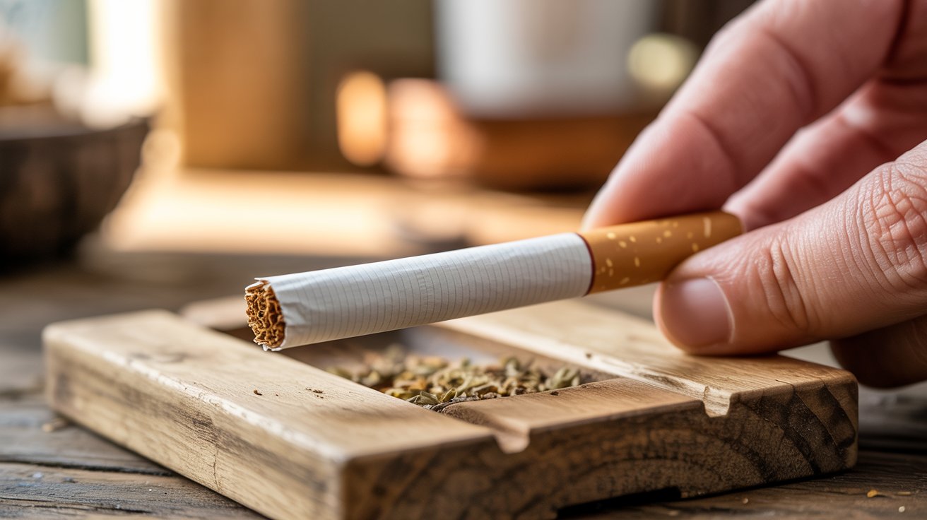 "Close-up of a rolled joint with a handmade filter tip on a wooden tray beside ground cannabis."