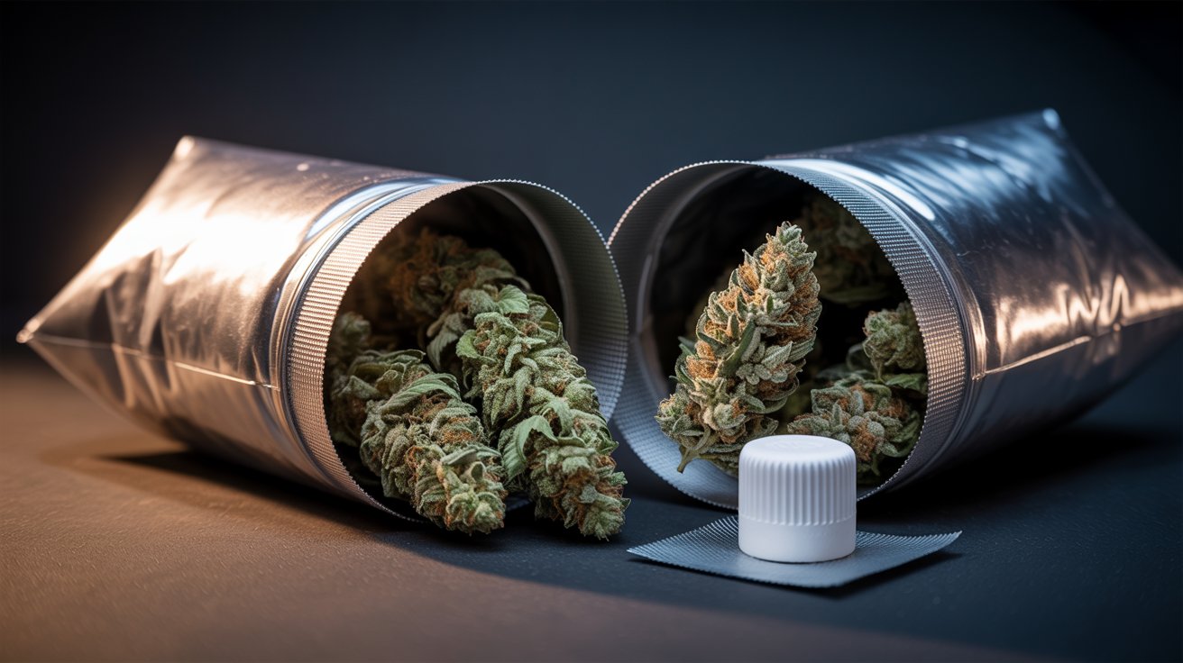 "Cannabis stored in airtight Mylar bags with humidity control for discreet long-term weed preservation and freshness."