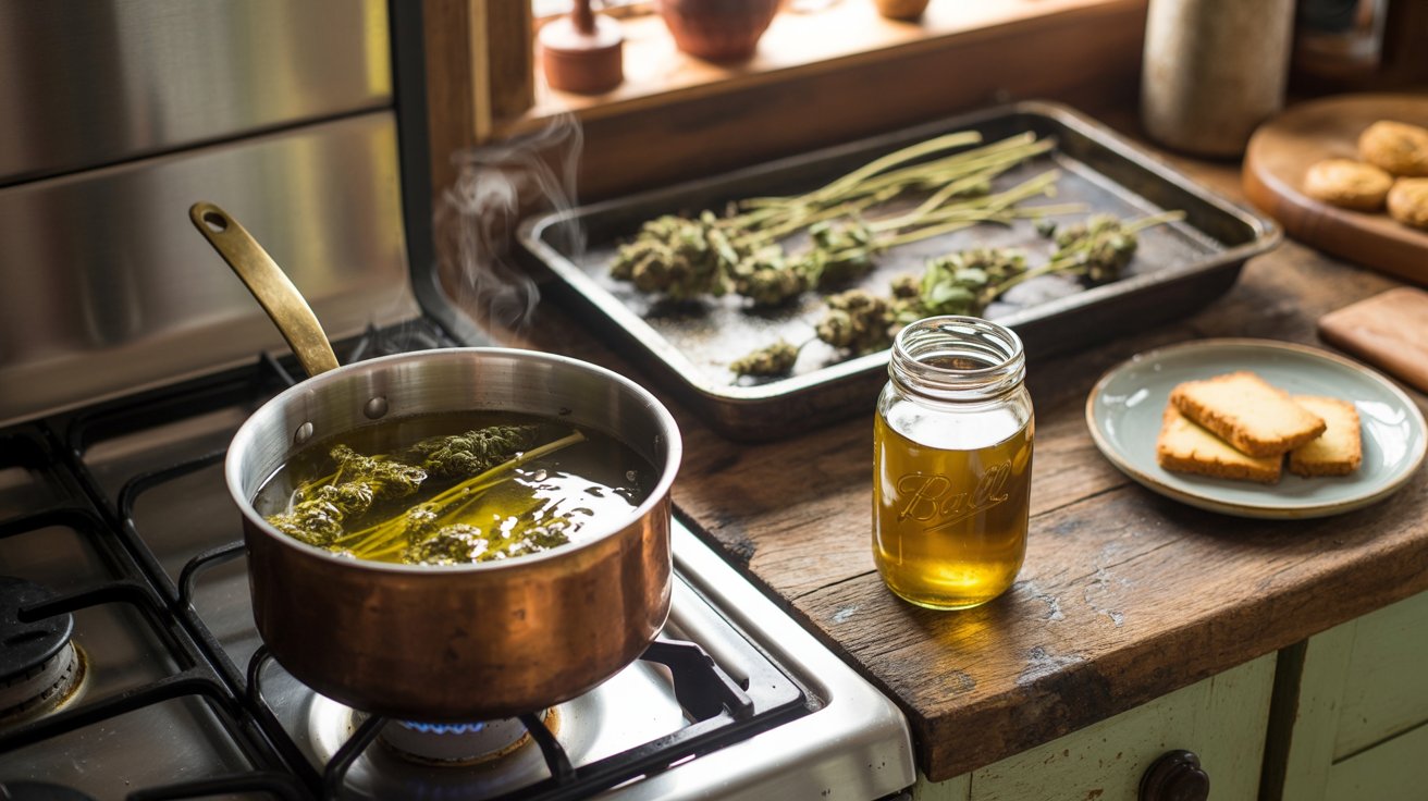 Cannabis stems simmering butter jar cookies oven decarboxylation rustic kitchen cooking scene