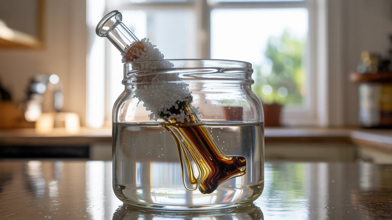 "Close-up of a glass pipe inside a jar with alcohol and coarse salt being gently shaken, showing abrasive cleaning action loosening residue inside the glass"