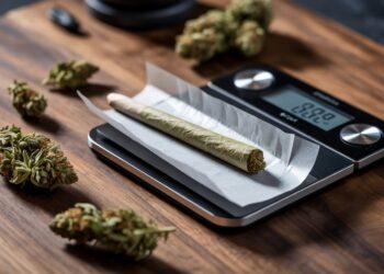 Close up cannabis blunt with buds and scale on wooden table cinematic lighting realistic composition