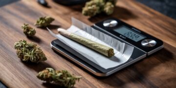 Close up cannabis blunt with buds and scale on wooden table cinematic lighting realistic composition