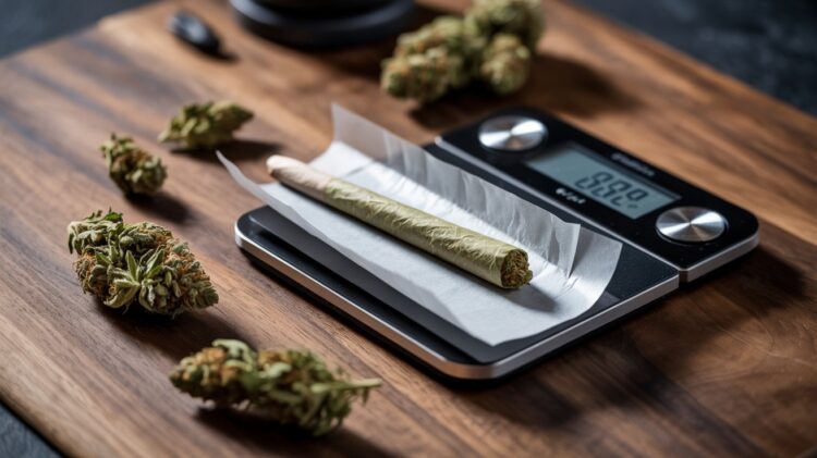 Close up cannabis blunt with buds and scale on wooden table cinematic lighting realistic composition