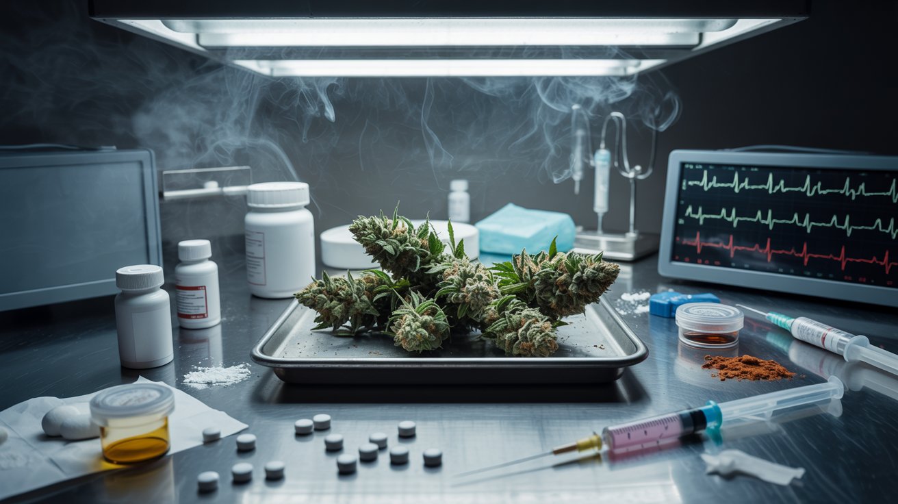 Dangerous contaminated cannabis beside toxic substances and medical emergency items in dramatic cautionary lighting.