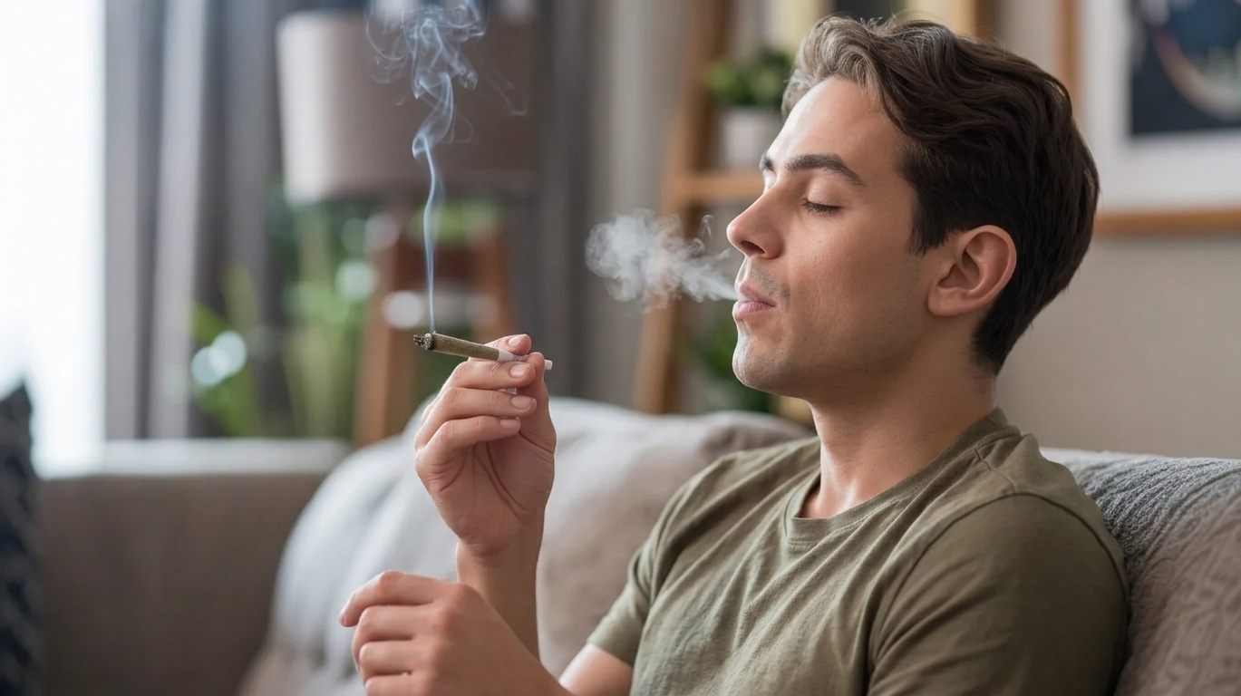 Beginner briefly holding cannabis inhale indoors with relaxed posture and subtle smoke surrounding face