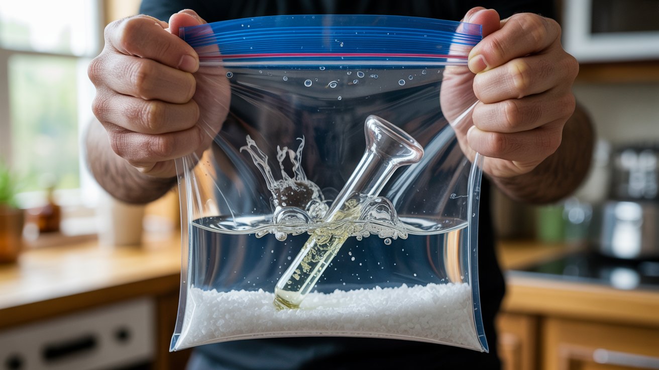 "Hands shaking a sealed plastic bag containing a glass pipe with alcohol and coarse salt, showing motion and residue being lifted during a deep cleaning process"