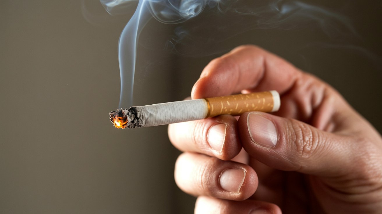 "Macro image of a hand holding a partially smoked rolled cigarette with an uneven burn gradually evening out at the tip, with smoke rising in warm cinematic lighting"