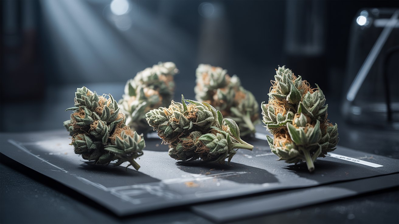 "Macro close-up of suspicious cannabis buds showing unusual residue and possible contamination signs."