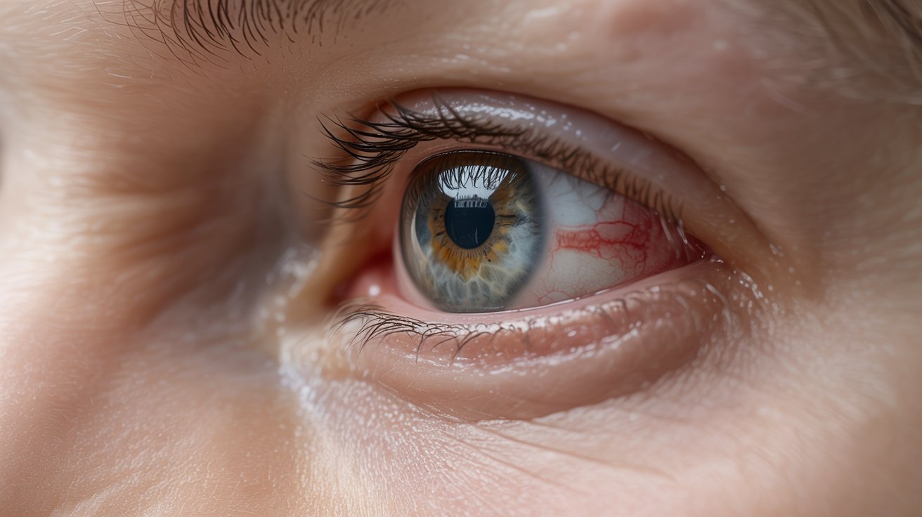Macro close-up of lightly red eyes with detailed iris texture and soft natural shadows