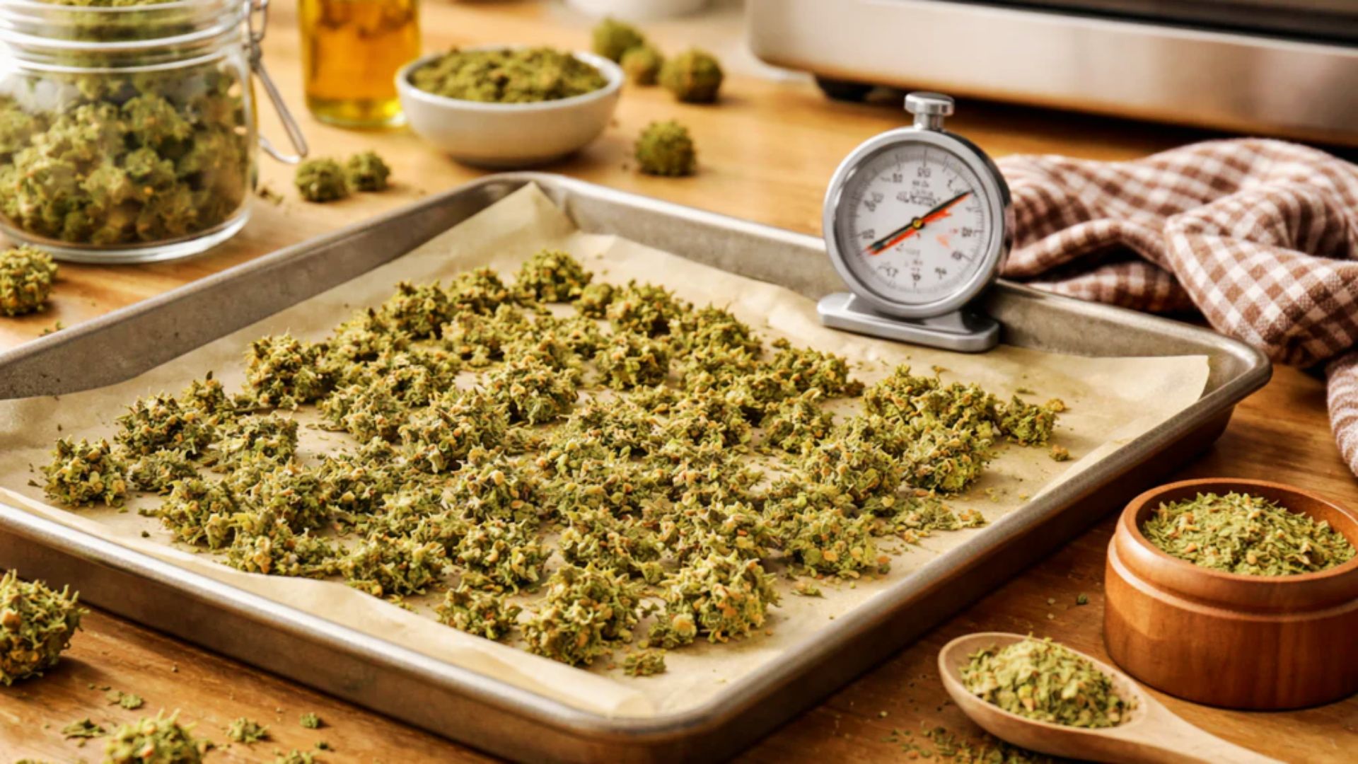 Ground cannabis spread on baking sheet with timer nearby to monitor oven decarboxylation process.