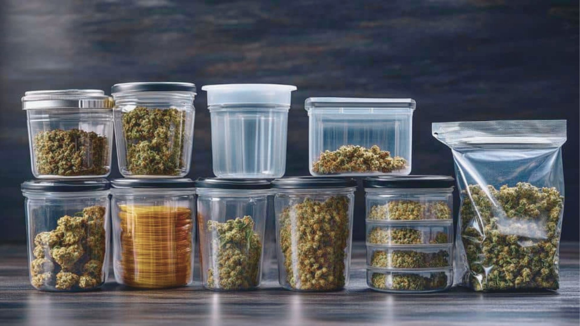 Clear plastic jars and zip bags filled with cannabis buds lined up on a wooden table.