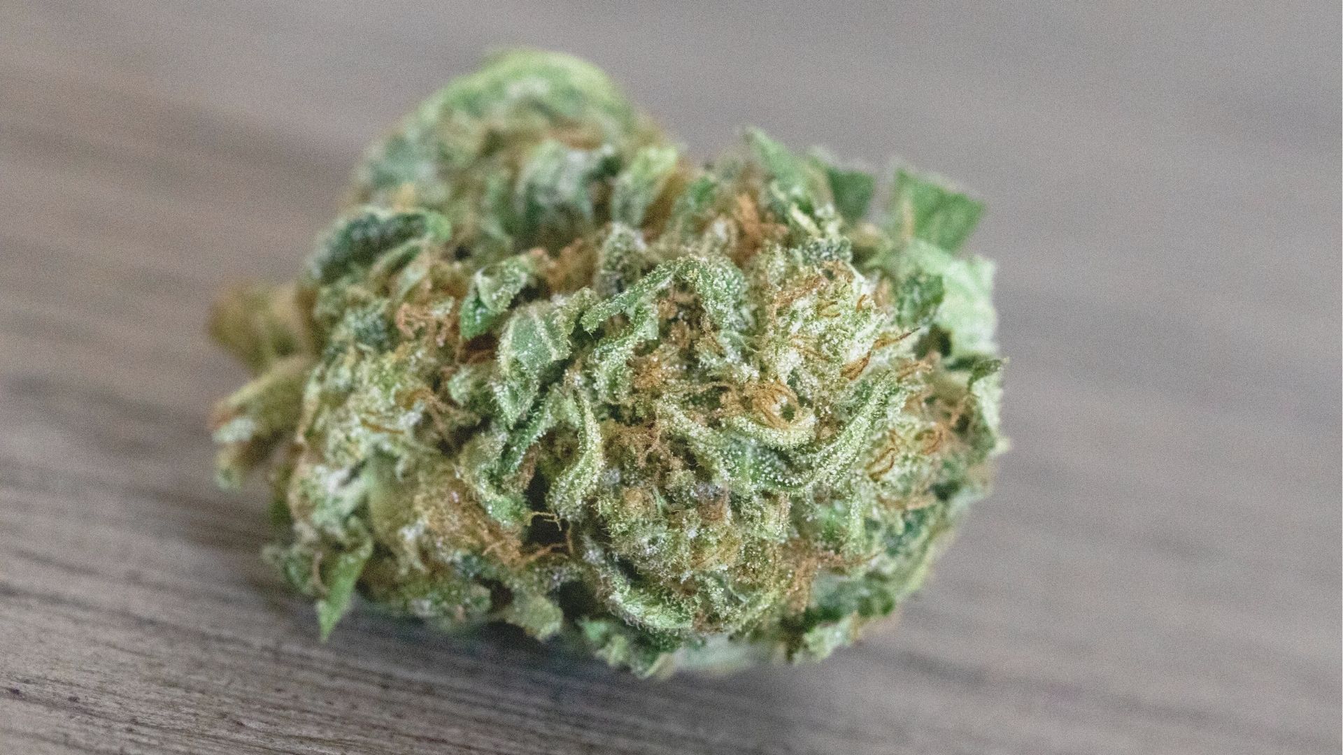 Close-up of a dense cannabis flower bud with green leaves, orange pistils, and frosty trichomes on a wooden surface.
