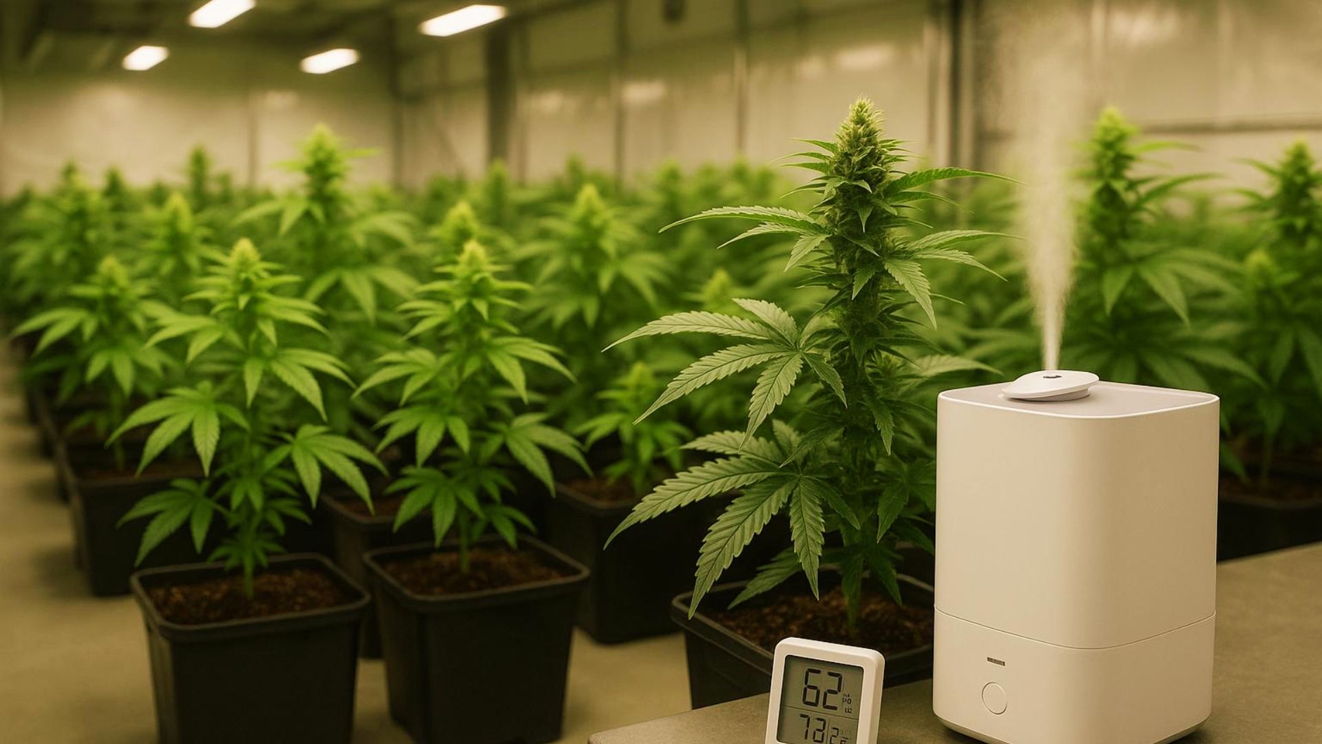 Cannabis grow room with humidifier and hygrometer maintaining 62% humidity for optimal drying conditions