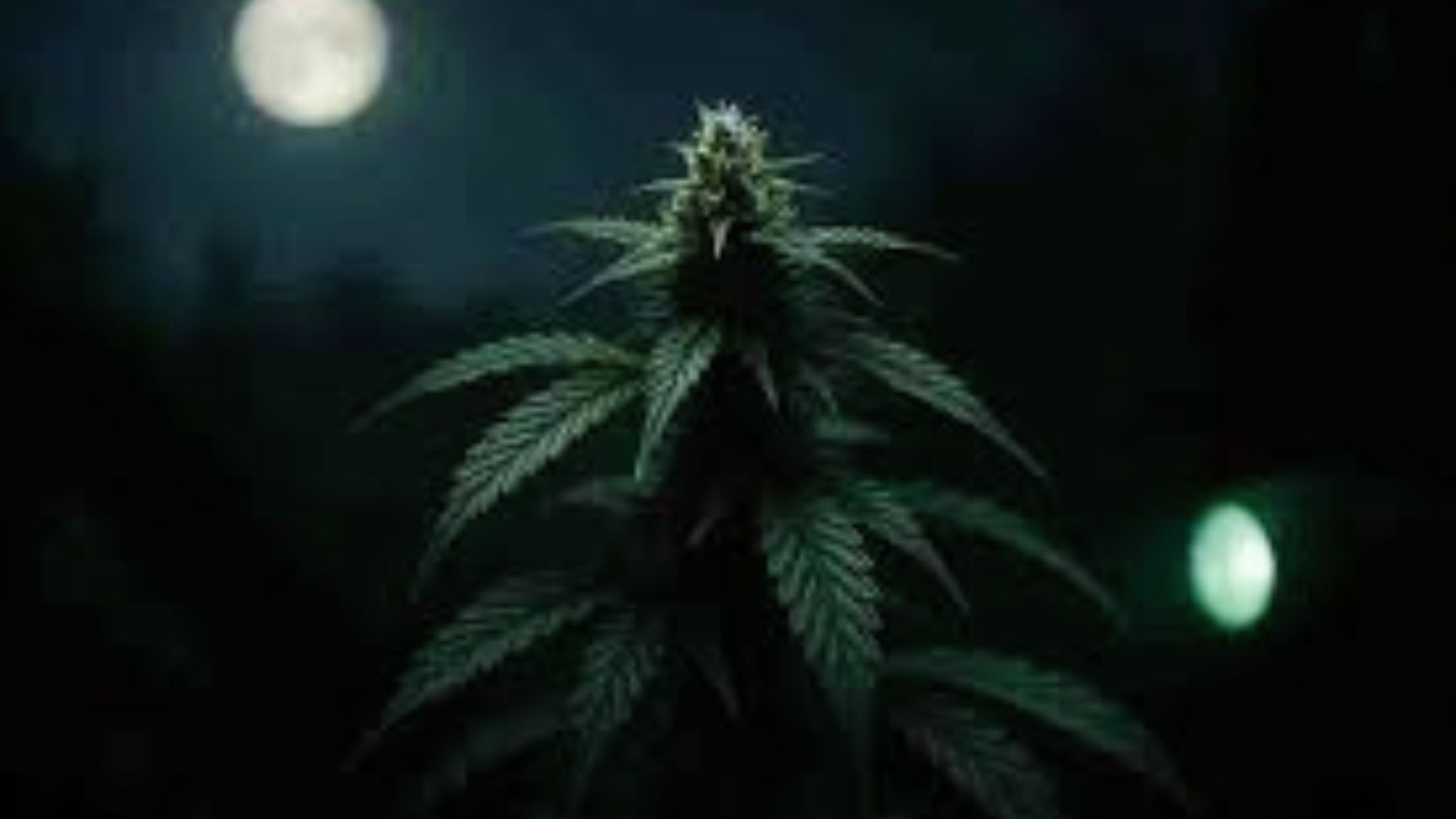 Mature cannabis plant under moonlight showing dense buds at peak harvest time for drying prep.