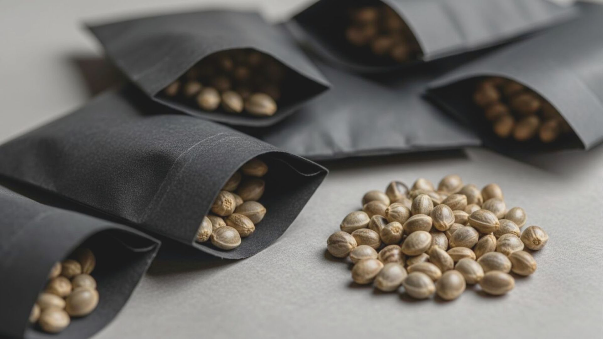Matte black pouches filled with cannabis seeds, with more seeds spilled beside them on a light surface.