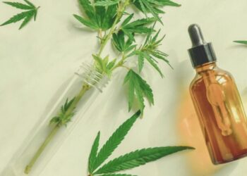 Flat lay of an amber CBD or CBG oil dropper bottle next to fresh cannabis leaves and a glass test tube with plant sprigs