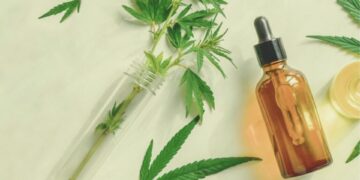 Flat lay of an amber CBD or CBG oil dropper bottle next to fresh cannabis leaves and a glass test tube with plant sprigs